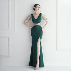 Robe longue de soirée ornée de strass et de perles pour hôte, dîner, mariage
