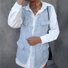 Houndstooth Mid Length Cardigan Vest Pocket Coat Plaid Vest Jacket Top