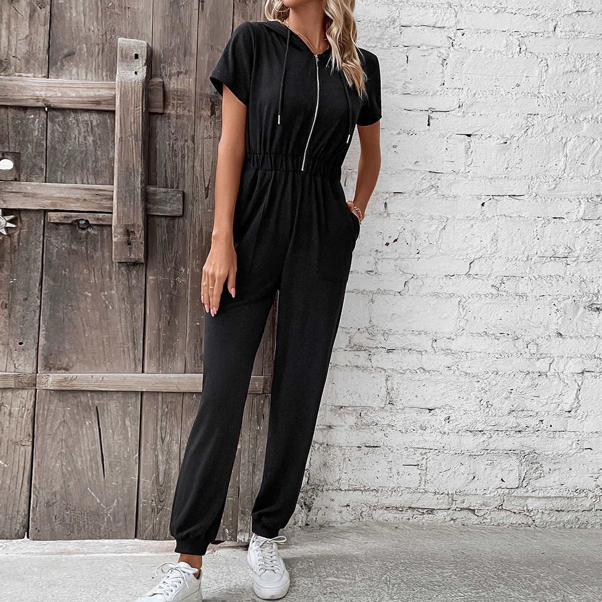 Hooded Work Solid Color Jumpsuit