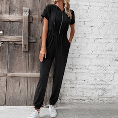 Hooded Work Solid Color Jumpsuit