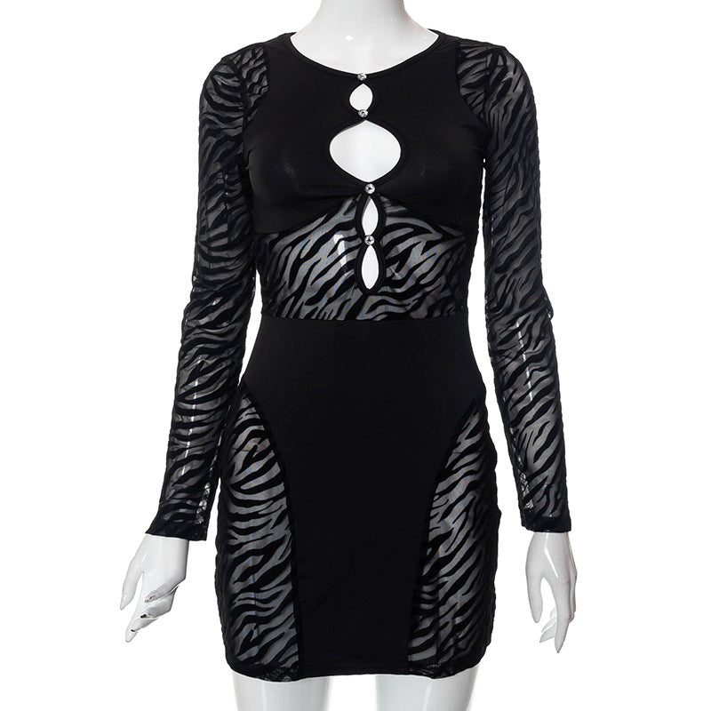 See through Flocking Slim Fit Patchwork Dress