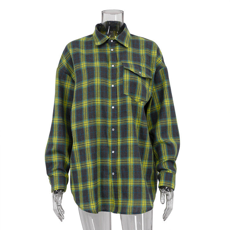 Retro All Matching Collared Loose Shirt Plaid Long Sleeve Pocket Shirt