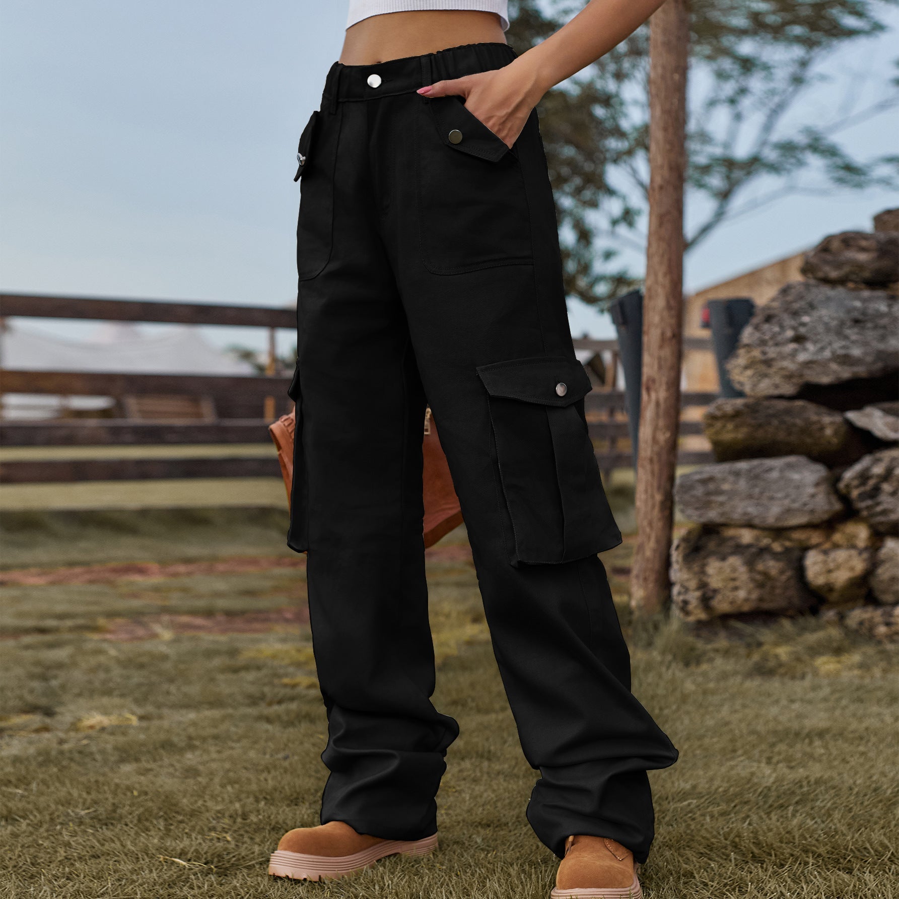 Retro Elastic Waist Denim Overalls Casual Pants