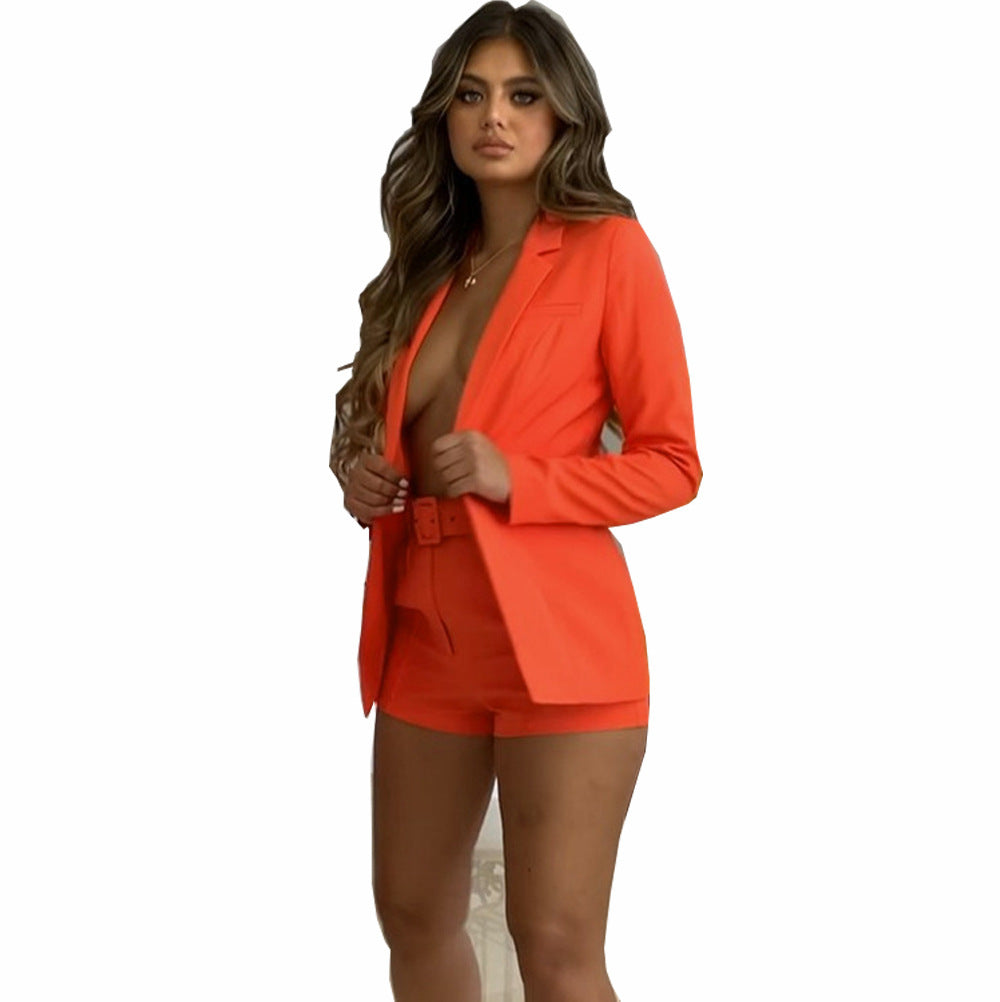Ensemble haut et short avec ceinture, cardigan décontracté à col polo