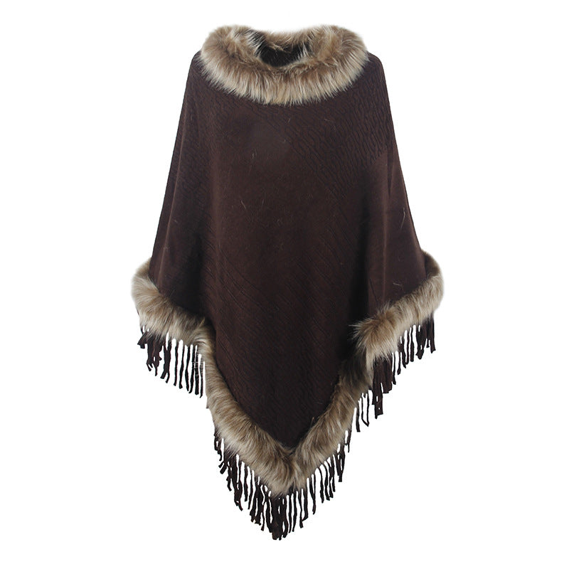 Knitted Tassel Cloak Solid Color Pullover Loose Inverness