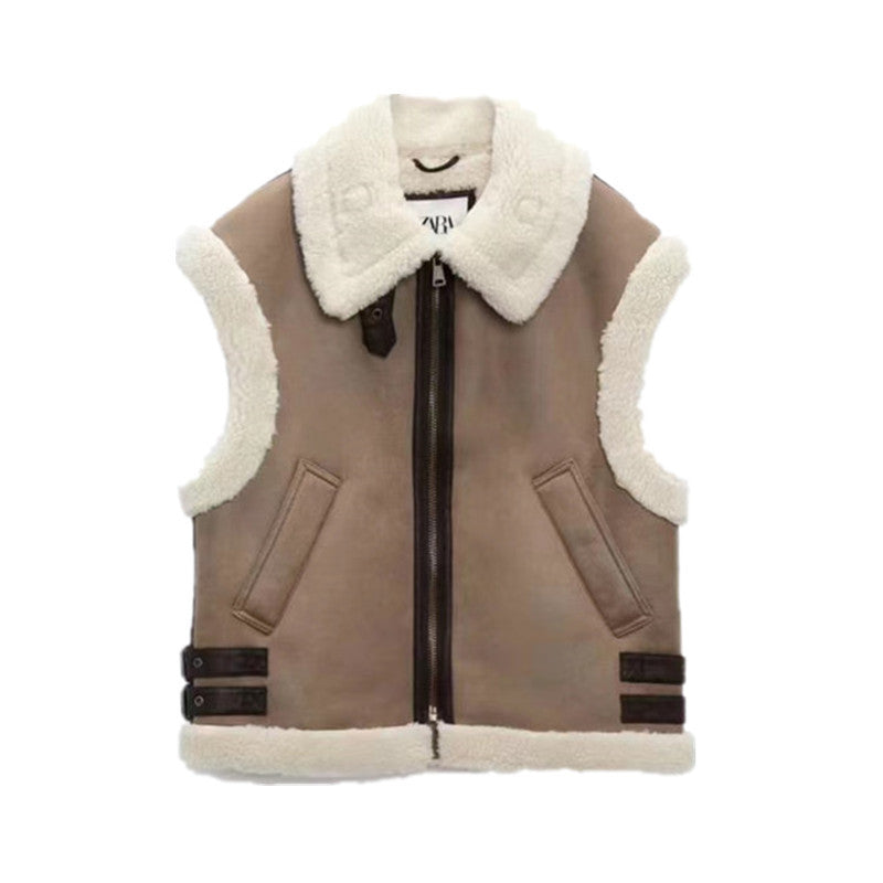 Brown Fur Collared Vest Coat Thickened Vest