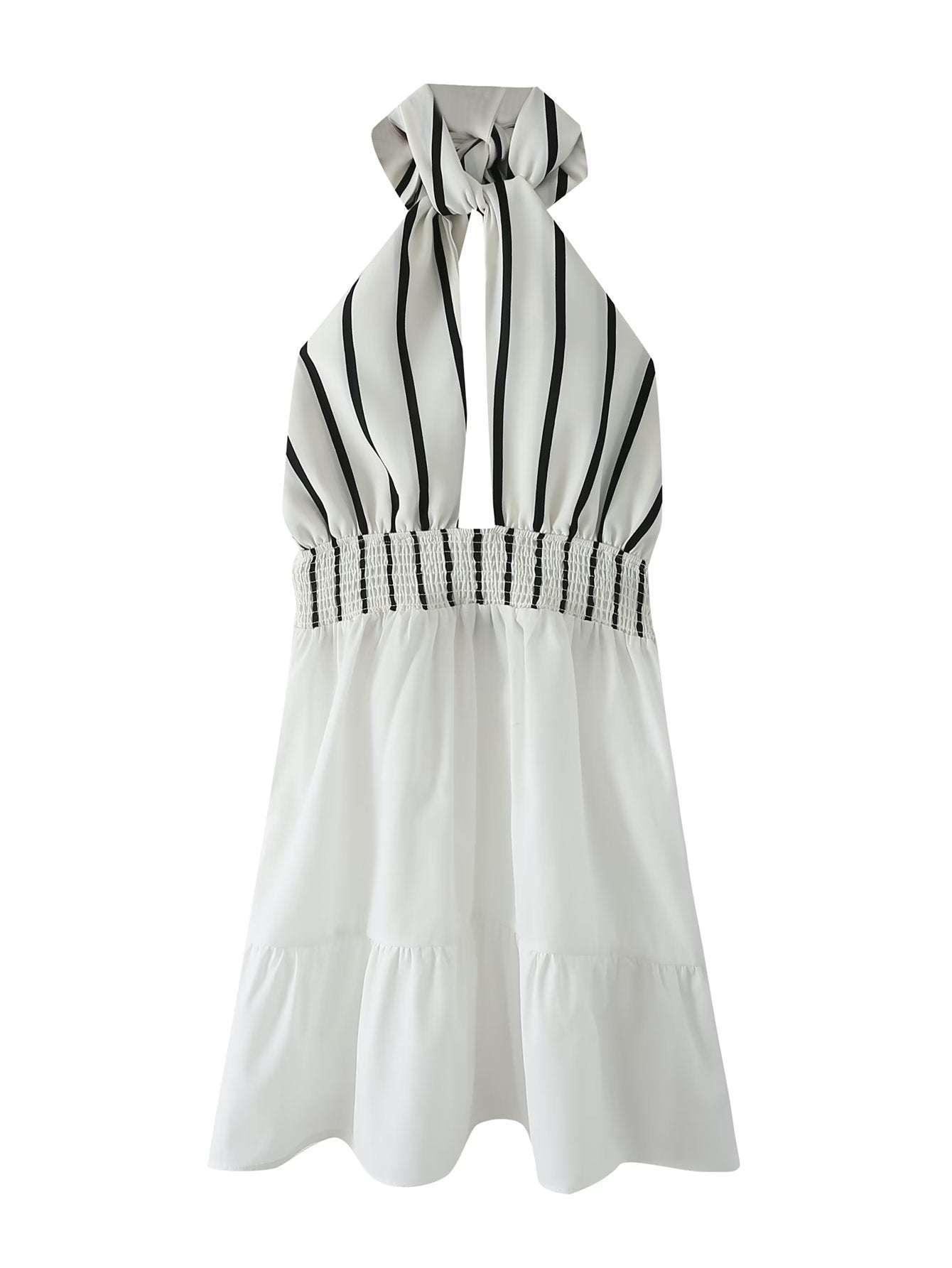 Halter Striped Contrast Color Lace up Cinched Patchwork Dress