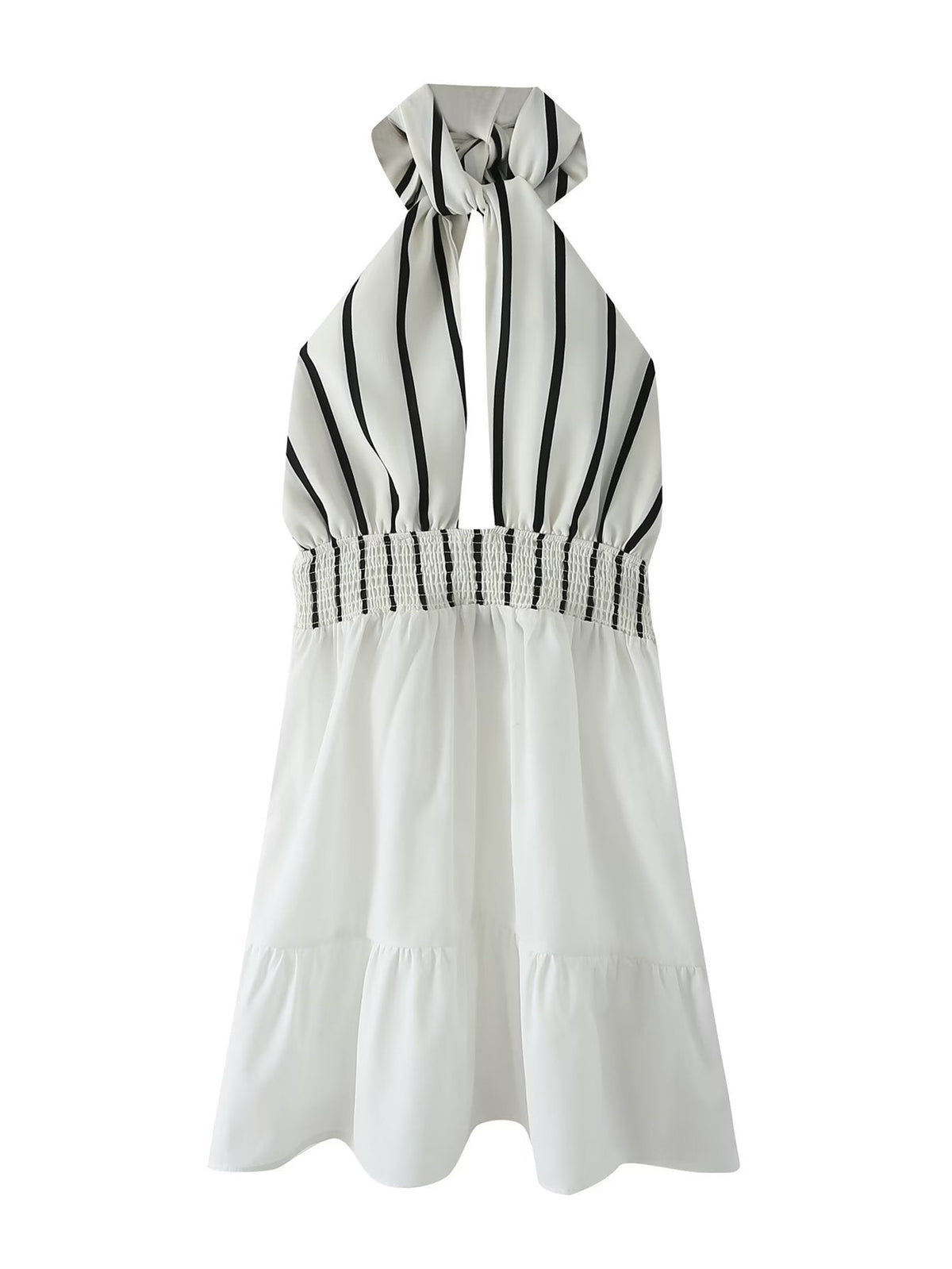 Halter Striped Contrast Color Lace up Cinched Patchwork Dress