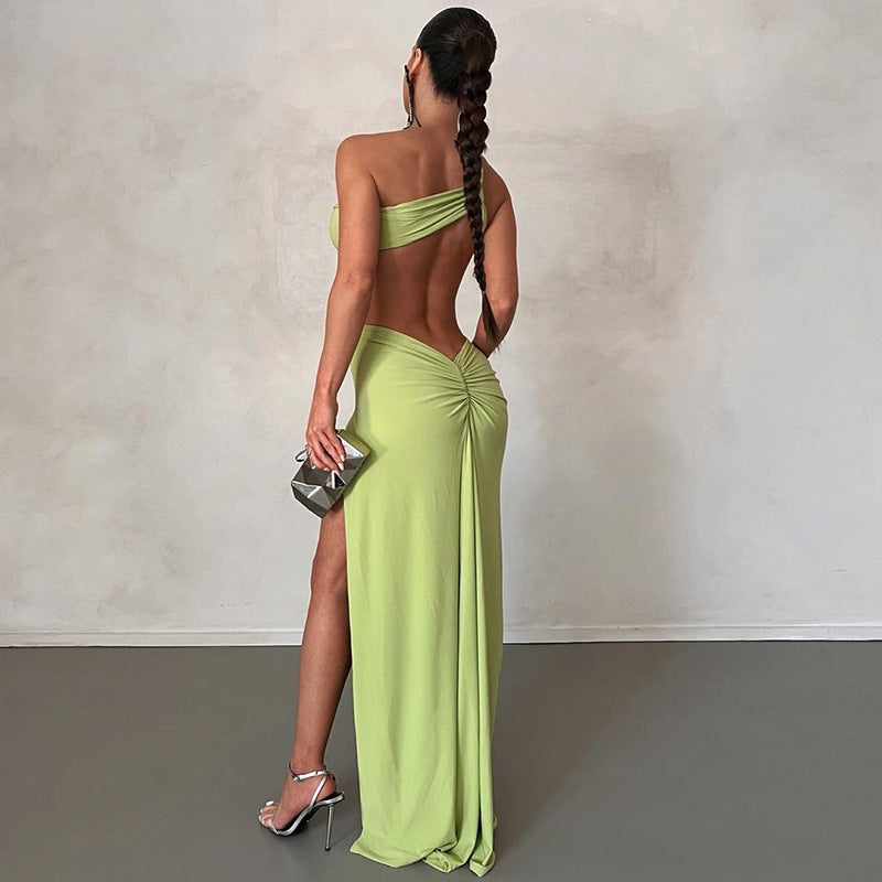 Sloping Shoulder Dress Solid Color Pullover Backless Evening Dress Long Socialite Split