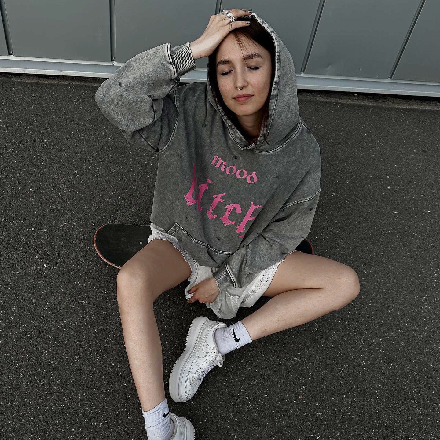 Street Worn Looking Washed-out Broken Letters Printed Hoodie Lazy Loose Pocket Coat