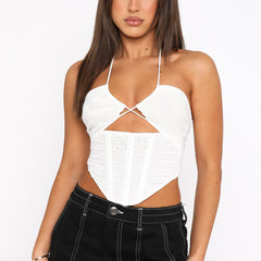 Cutout Halterneck Vest Mesh Backless Pleated Sleeveless Boning Corset Bra Top