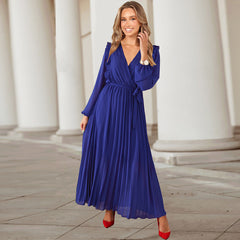 V neck Swing Pleated Dress Maxi Dress