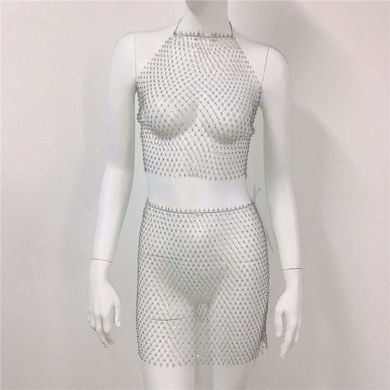 Ensemble jupe de plage en maille avec bretelles en résille et strass
