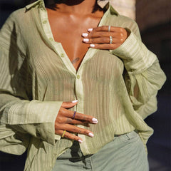 Supply Hollow Out Cutout Loose Cardigan Shirt Collar Sheer Long Sleeve Shirt