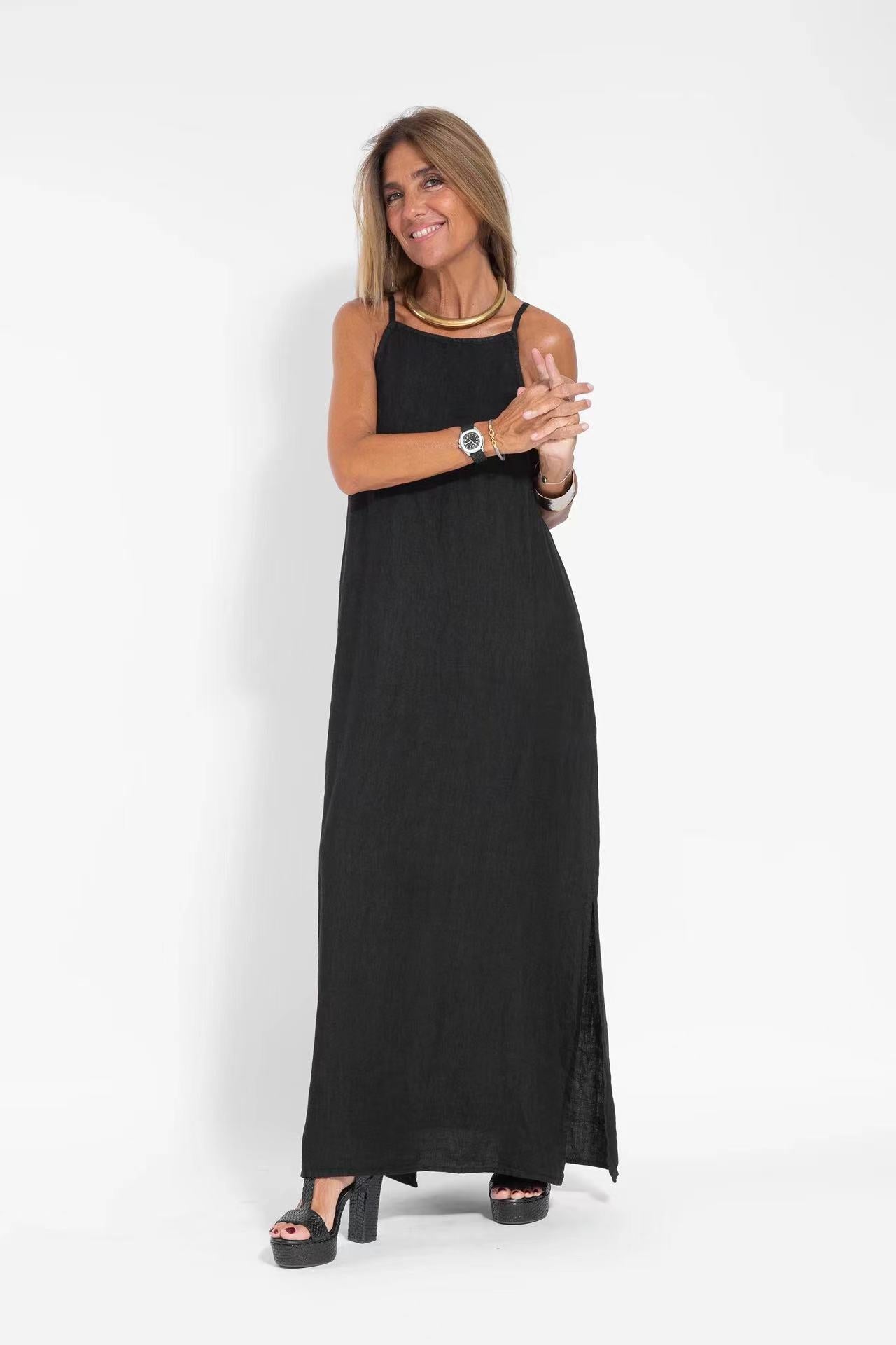 Fashionable Cotton Linen Slit Sleeveless Loose Dress