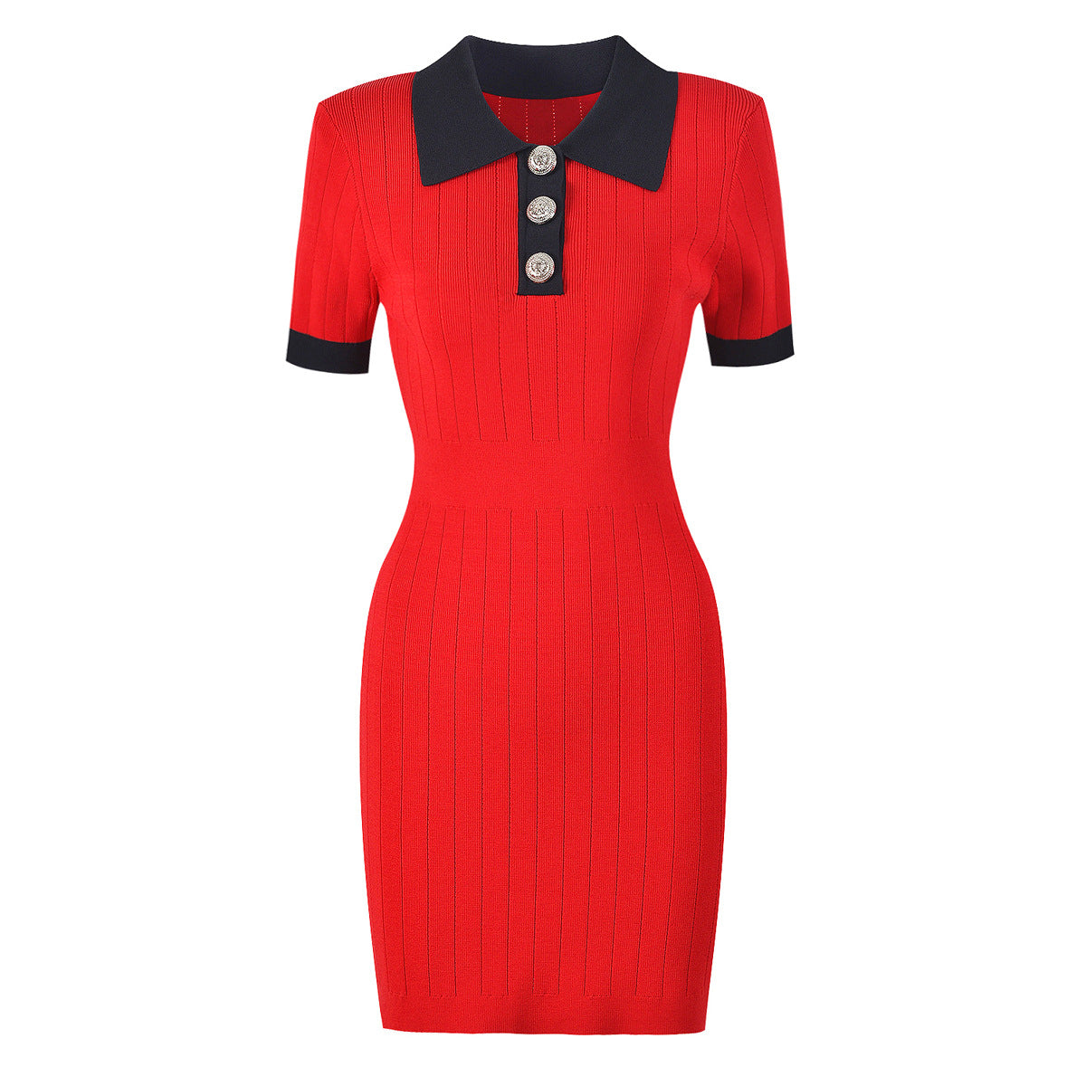 Hochwertiges Strickmaterial mit Kragen, schlankem, kurzärmligem Kleid