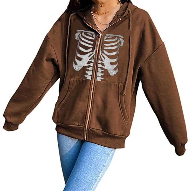 Halloween Skull Print Pullover Double Hooded Top