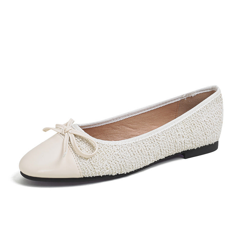 Women's Round Head Lambskin Flat Bowknot Stitching Shallow