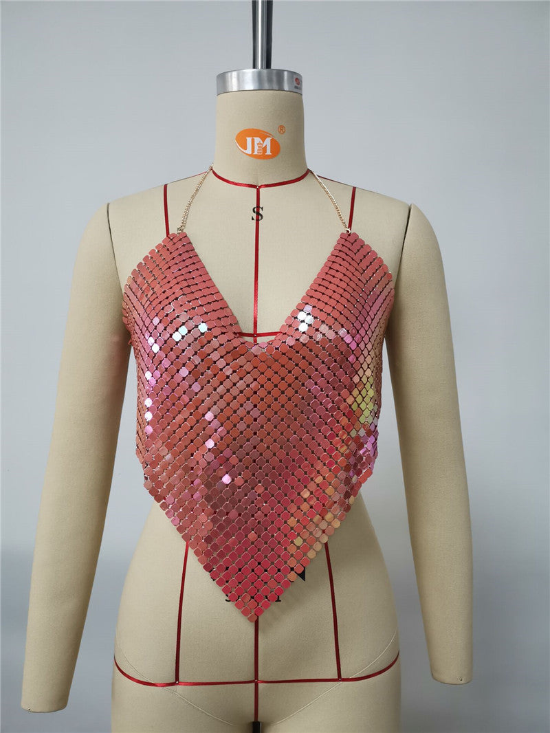 Criss Cross Mirror Bar Nachtclub Rückenfreies Crop Top aus Metall Spaghettiträger Tube Top