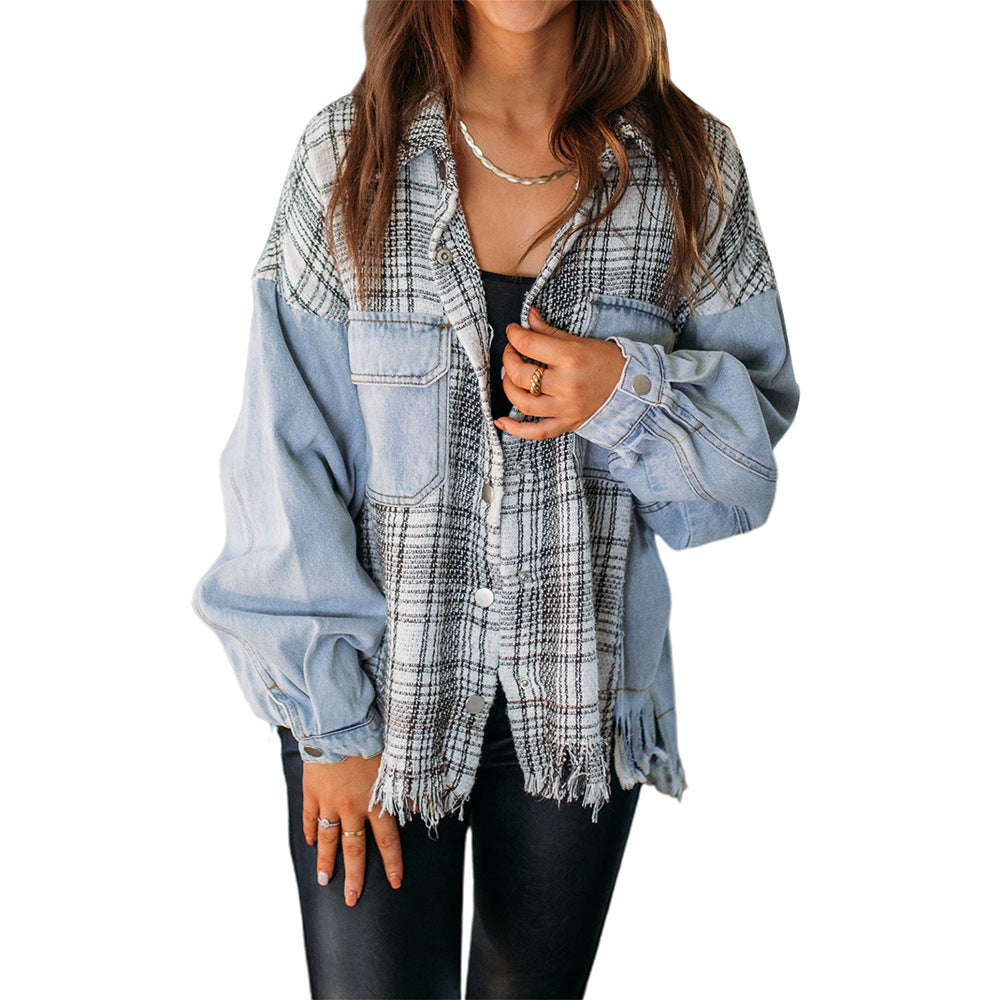 Street Plaid Patchwork Denim Jacket Collared Tassel Jacket