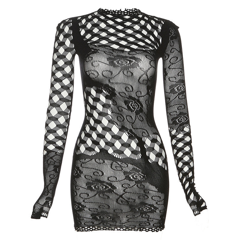 Jacquard Hollow Cutout round Neck High Waist Slim Short Dress