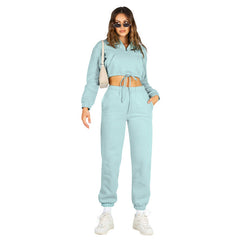 Solid Color StCollar Zipper Drawstring Cropped Brushed Hoody Casual Sweatpants Suit