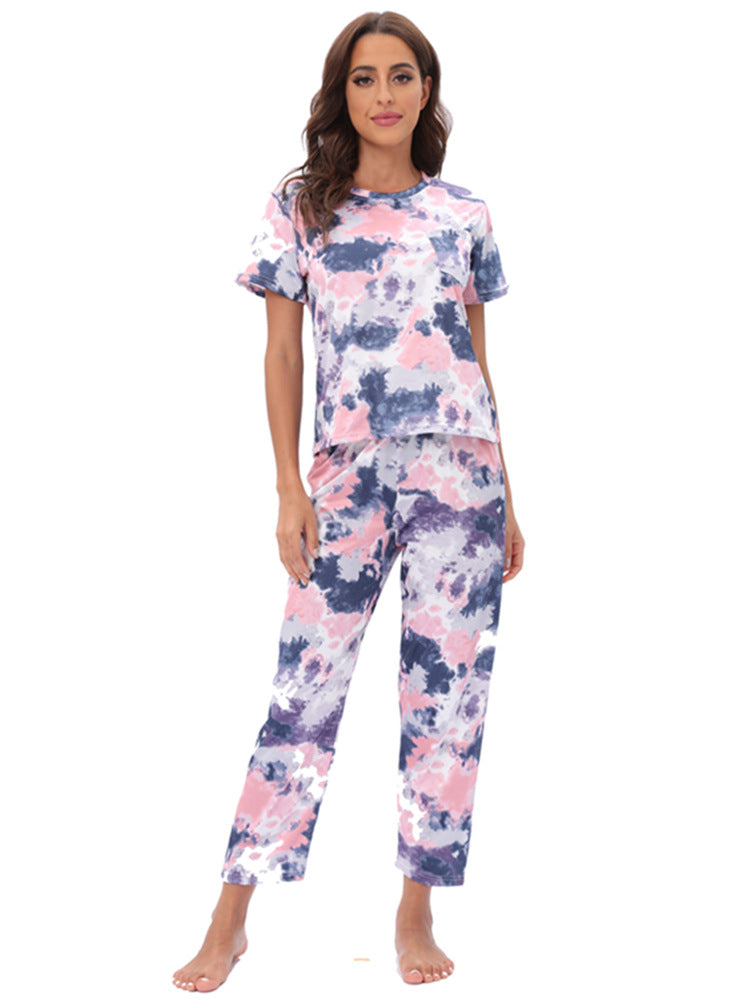 Home Wear Pajamas Two Piece Set Short Sleeve Trousers Suit Leopard Print Tie Dye