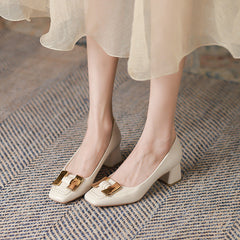 Women's Chunky Mary Jane Kitten Metal Buckle Heels