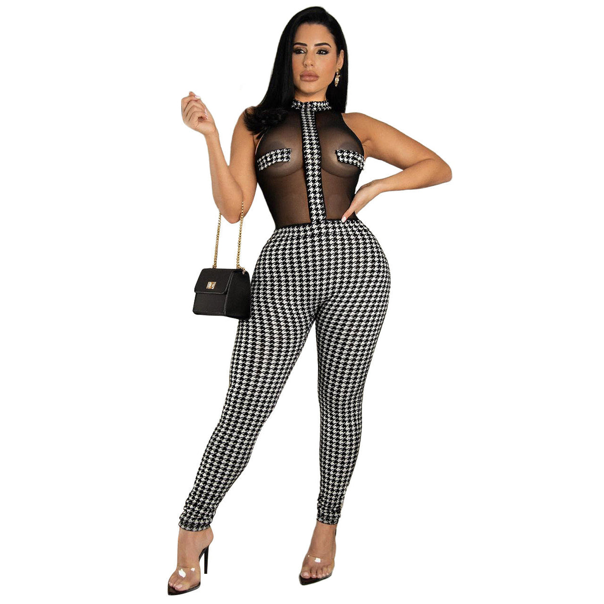 Club Sleeveless Houndstooth Knitting Threads See-through Jumpsuit