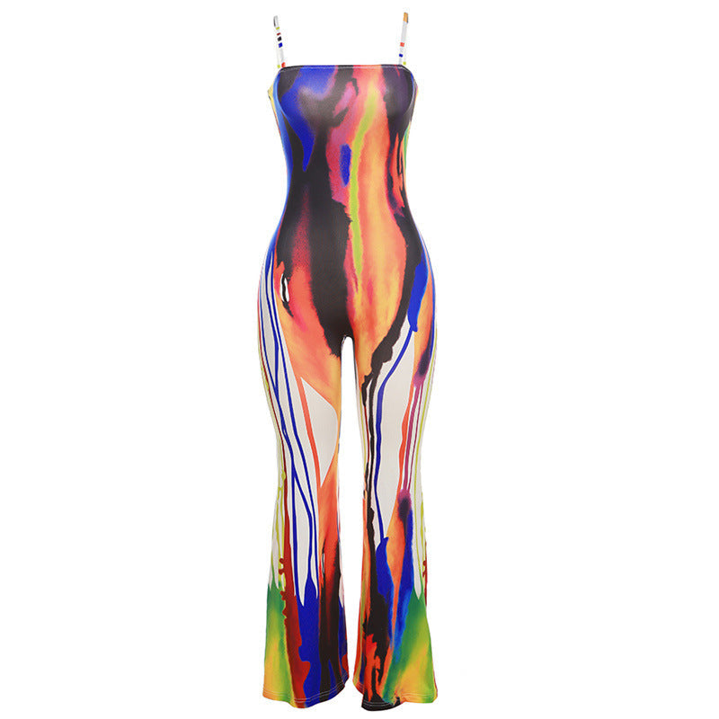 Spaghetti Strap Floral Print Contrast Color Slim Fit Hip Lifting One Piece Trousers