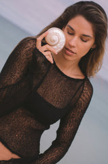 Beach Hollow Out Cutout Out Long Sleeve Top Seaside Round Neck High Waist Outer Wear See Through Shirt T Shirt