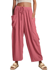 Elastic Waist Pleated High Waist Wide Leg Pants Loose Casual Cotton Linen Trousers