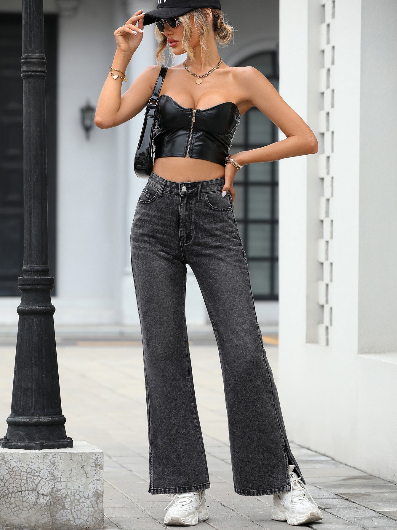 Trendy Thin Looking Casual High Waist Loose Denim Length