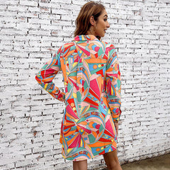 Abstract Colorful Geometric Abstract Printed Shirt Dress Contrast Color Long Sleeves Single Breasted Dress