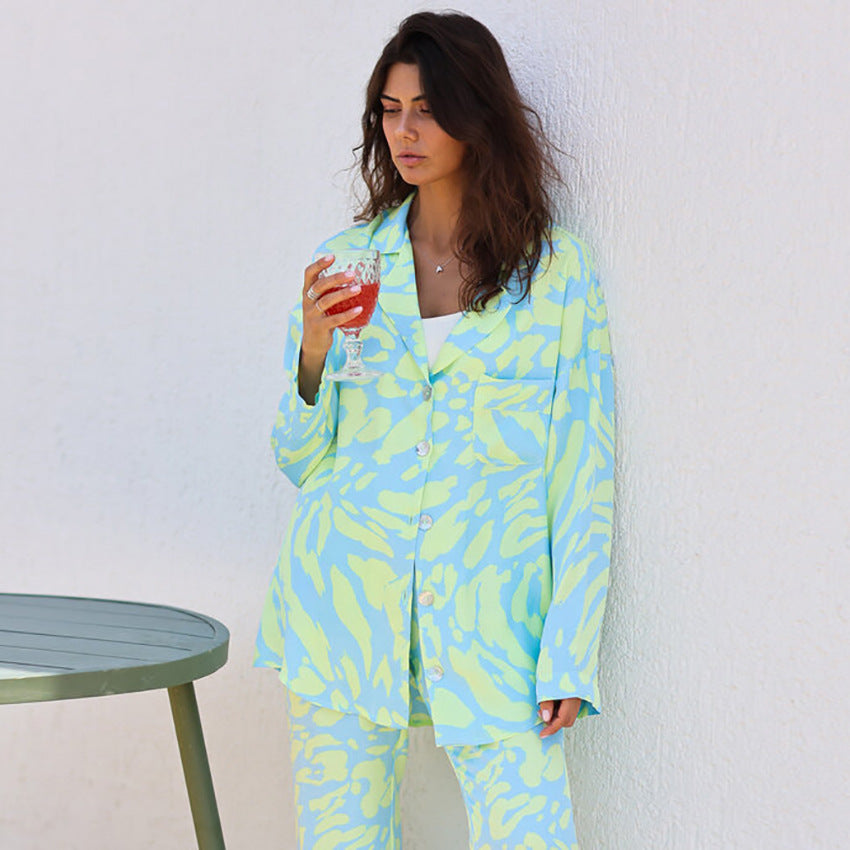 Printed Pajamas Long Sleeve Suit Loose Trousers Casual Artificial Silk Home Wear Outerwear