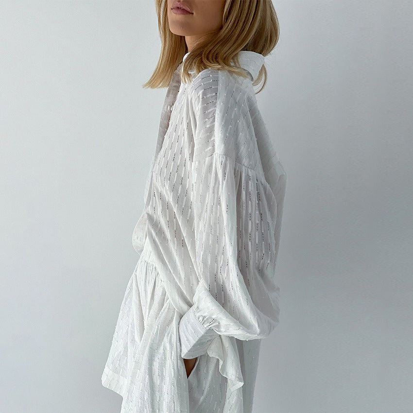 French White Jacquard Cotton Puff Sleeve Casual Shorts Suit Homewear Cool Pajamas