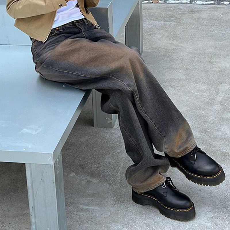 Washed Worn Jeans Straight Leg Pants Low Waist Casual Trousers
