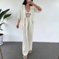 Casual Loose Outfit Plain Lace Up Three Quarter Length Sleeves Cardigan Trousers Two Piece Set