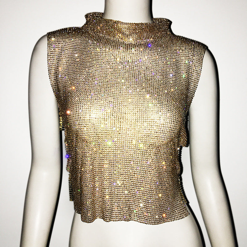 Women's Full Diamond Vest Luxury Turtleneck Rhinestone Top Nightclub Vest