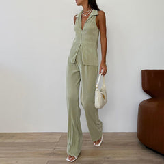 Casual Solid Color Sleeveless Shirt High Waist Trousers Pleated Suit