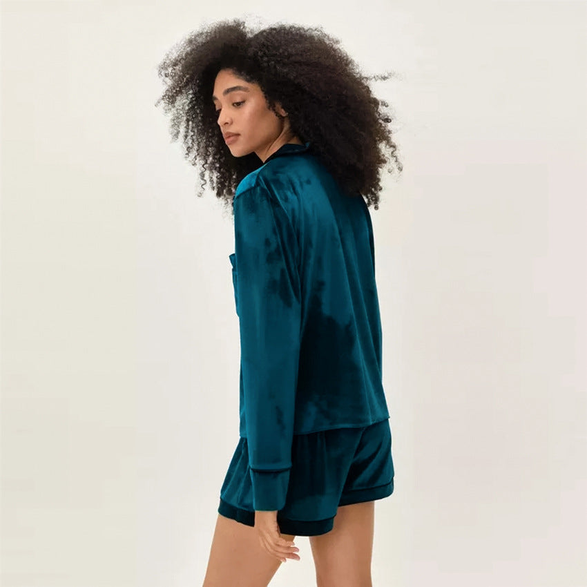 Velvet V neck Suit Collar Cardigan Long Sleeve Suit Homewear Pajamas Blue