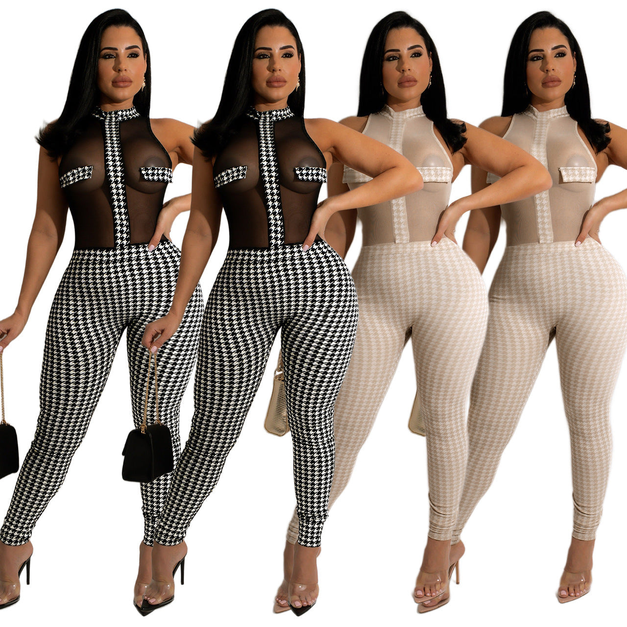 Club Sleeveless Houndstooth Knitting Threads See-through Jumpsuit