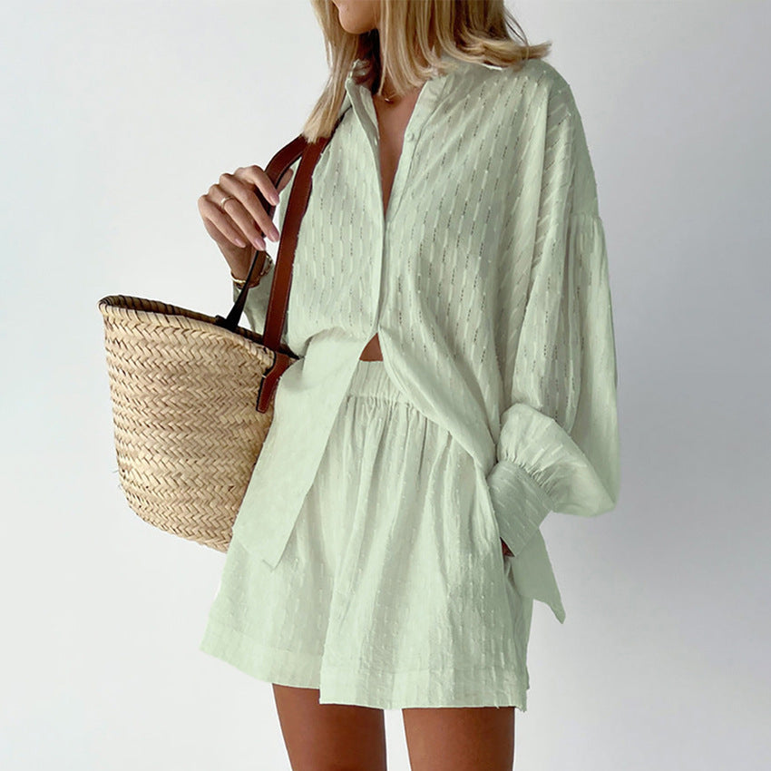 French White Jacquard Cotton Puff Sleeve Casual Shorts Suit Homewear Cool Pajamas