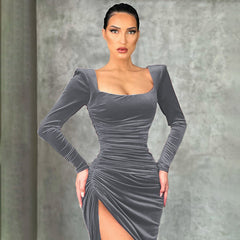 Square Neck Fold High Waist Tuxedo Dress