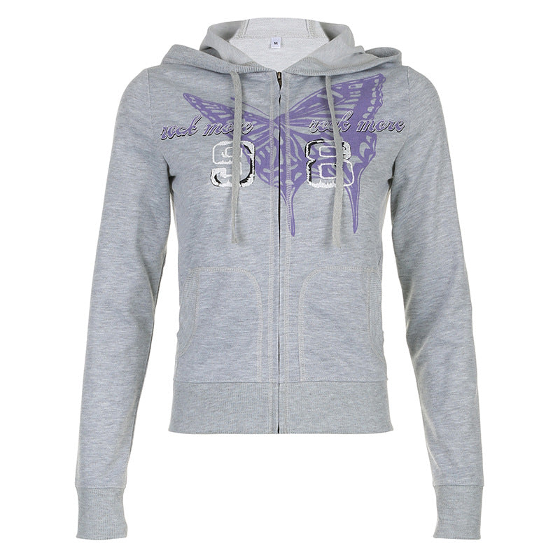 Cardigan à capuche imprimé papillon, manteau zippé, manches longues, haut décontracté
