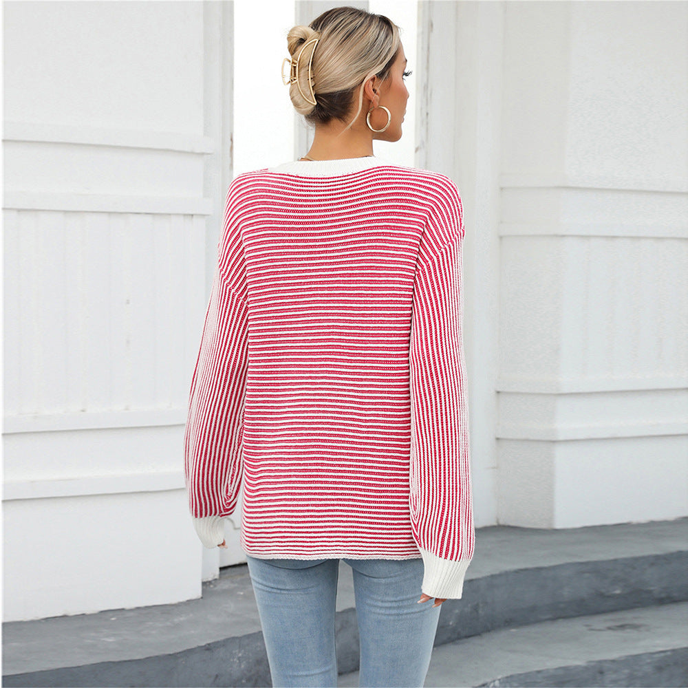Color Matching Crew Neck Pullover Sweater Striped Sweater Sweater