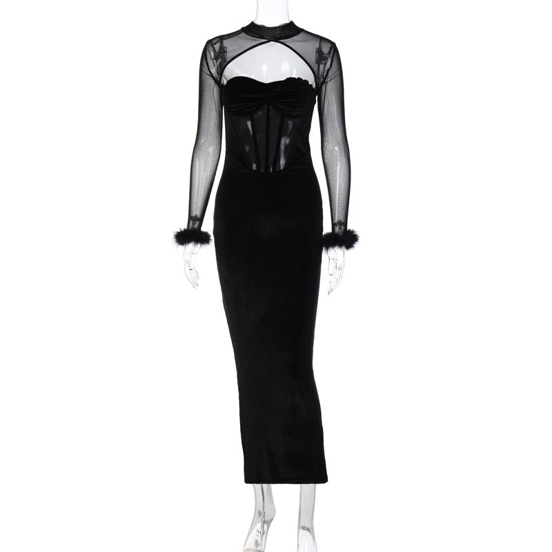 Robe longue moulante à découpes et coutures en maille pelucheuse pour boîte de nuit