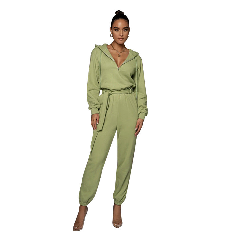 Slim Fit Long Sleeve Solid Color Hooded Half Open Collar Urban Casual Jumpsuit