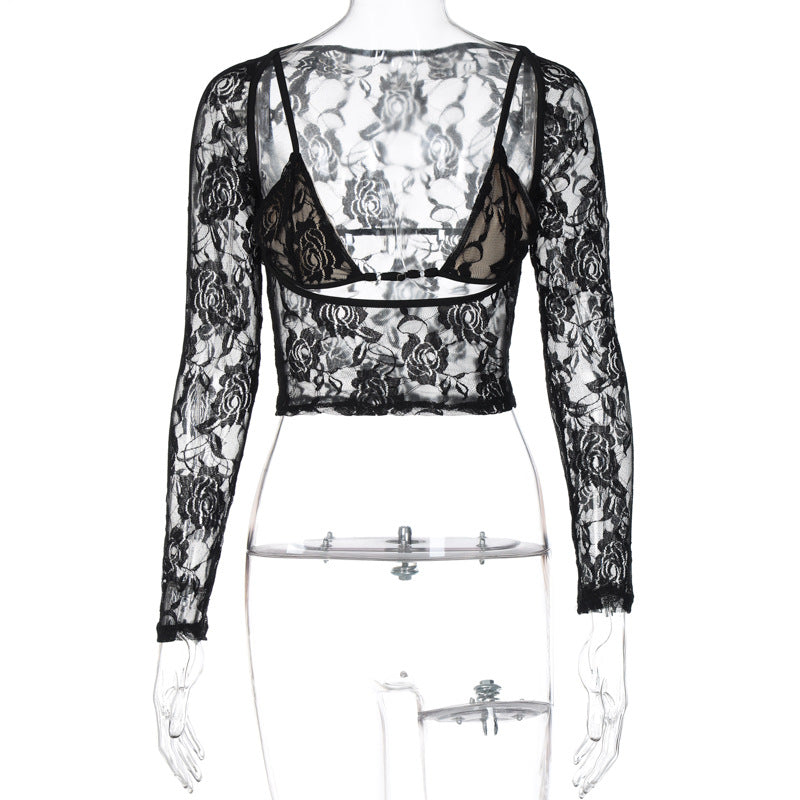 See through Lace Sling Underwear Two Piece Long Sleeve Top T shirt