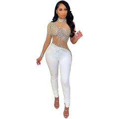 One Shoulder Colorful Crystals See through Rhinestone Jumpsuit